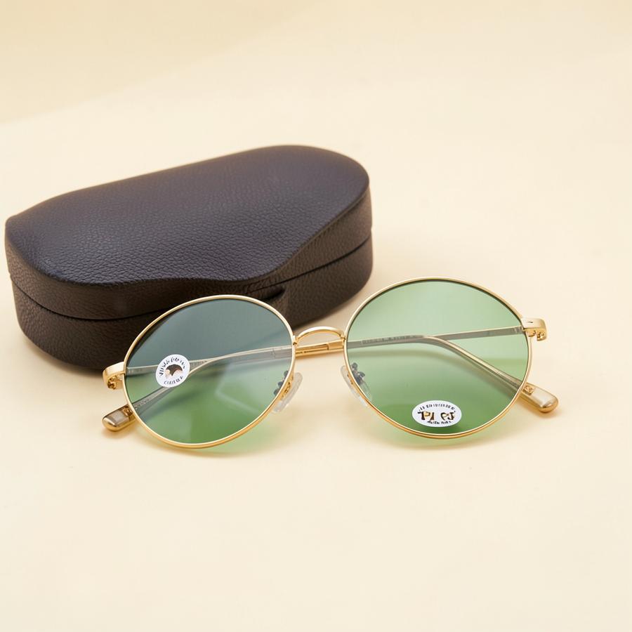Gold-tone round sunglasses beside a silk scarf