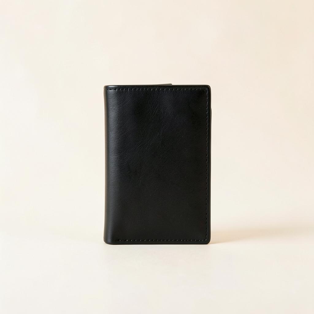 Slim black leather wallet standing upright