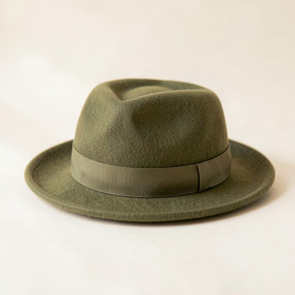 Olive green wool felt fedora with grosgrain band
