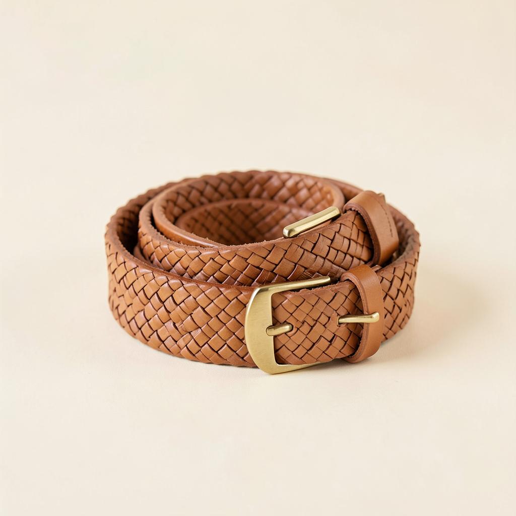 Woven tan leather belt with brass buckle