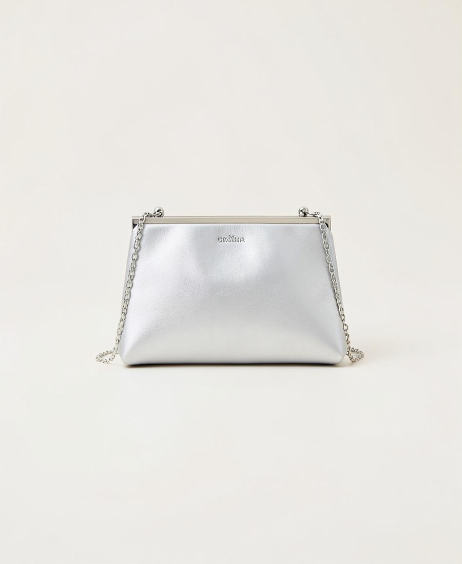 Silver metallic evening clutch with chain