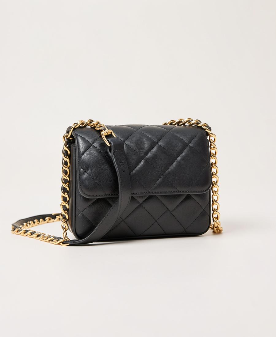 Black quilted leather flap bag with gold chain strap