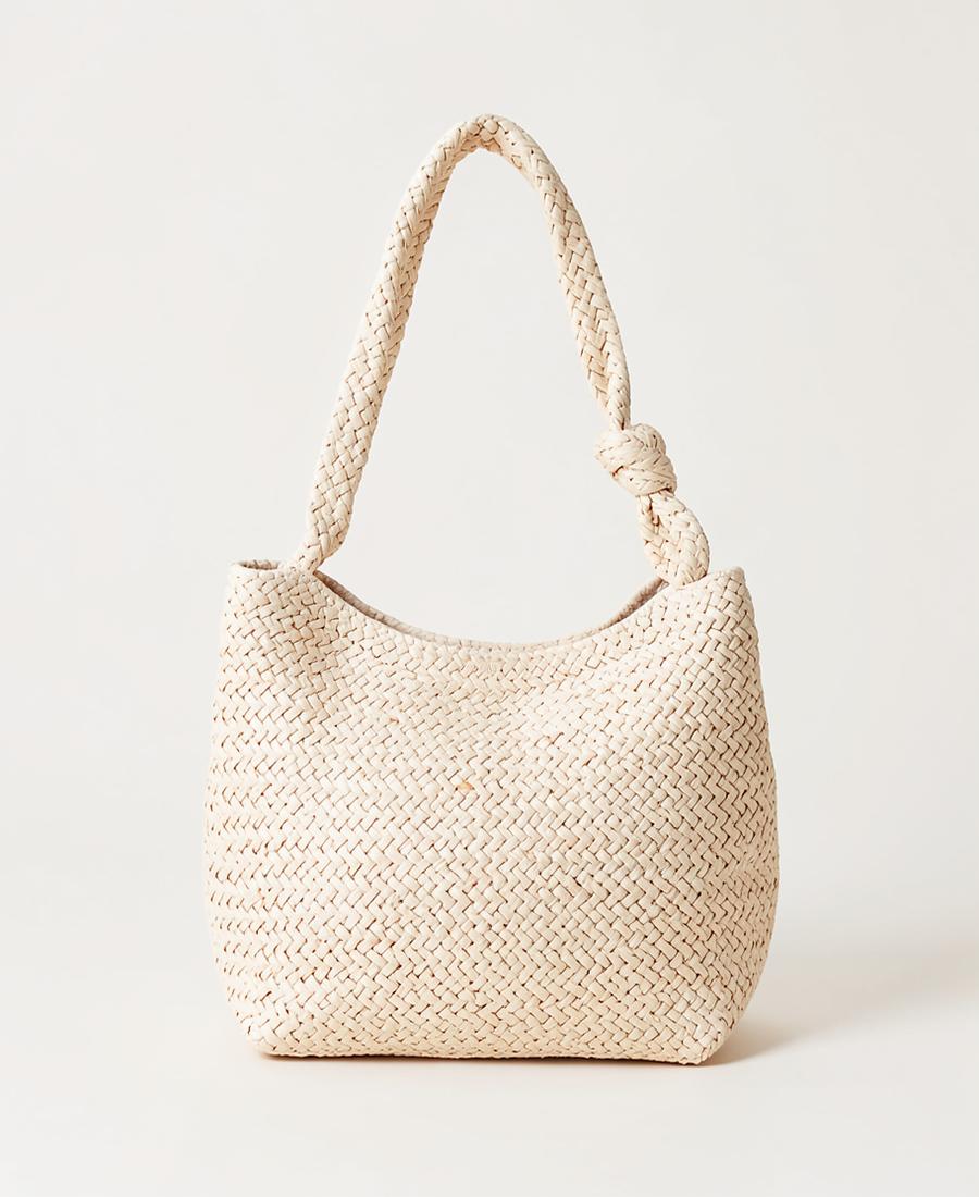 Cream woven raffia shoulder bag with knot handle
